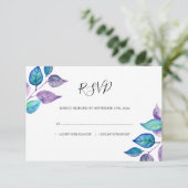 Wasserfarbe Türkisfarbene Lila Blätter RSVP Karte (Stehend Vorderseite)