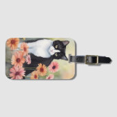 Wasserfarbe Tuxedo Katze mit Gerbera Daisy Blume Gepäckanhänger (Vorderseite (Horizontal))