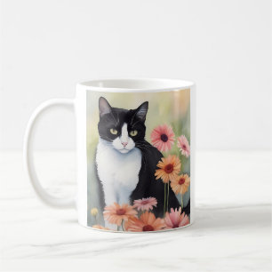 Wasserfarbe Tuxedo Katze mit Gerbera Daisy Blume Kaffeetasse
