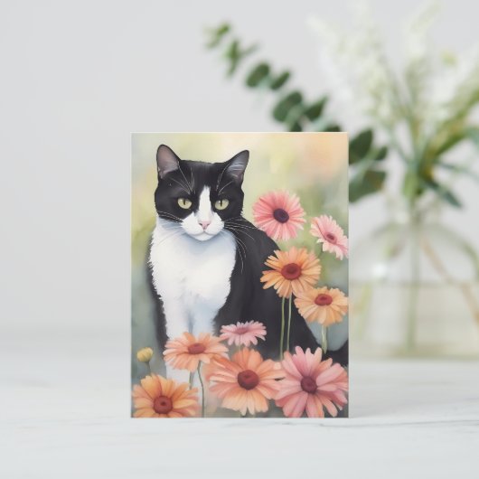 Wasserfarbe Tuxedo Katze mit Gerbera Daisy Blume Postkarte (Stehend Vorderseite)