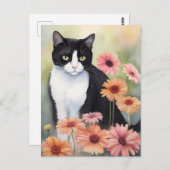 Wasserfarbe Tuxedo Katze mit Gerbera Daisy Blume Postkarte (Vorne/Hinten)