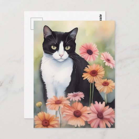 Wasserfarbe Tuxedo Katze mit Gerbera Daisy Blume Postkarte (Vorne/Hinten)