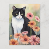 Wasserfarbe Tuxedo Katze mit Gerbera Daisy Blume Postkarte (Vorderseite)