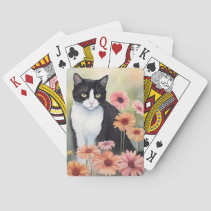 Wasserfarbe Tuxedo Katze mit Gerbera Daisy Blume Spielkarten