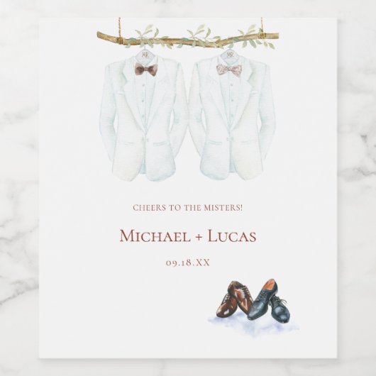 Wasserfarbe Tuxedos | Elegant Mr. & Mr. Wedding Weinetikett (Einzelnes Label)