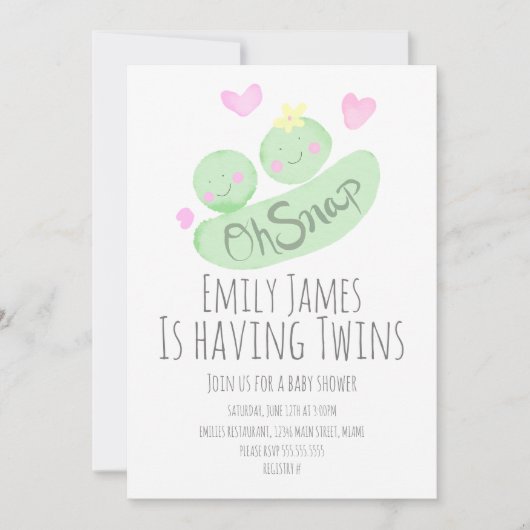 Wasserfarbe Twins Pea Pods Kinderdusche Einladung (Vorderseite)