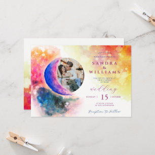 Wasserfarbe über dem Mond Couple Foto Ombre Weddin Einladung