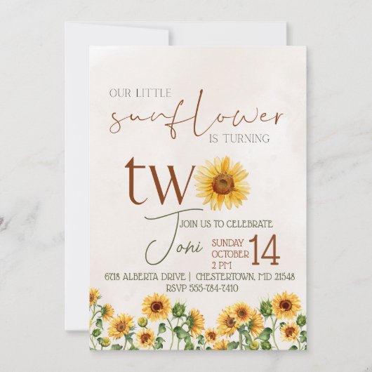Wasserfarbe Unsere kleine Sonnenblume, zweite Gebu Einladung (Vorderseite)