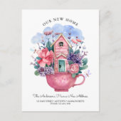 Wasserfarbe Unsere neue Zuhause Pink Tee Cup Flora Postkarte (Vorderseite)