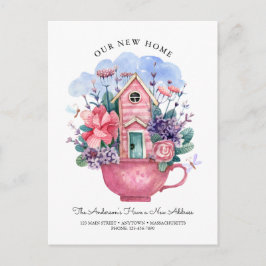 Wasserfarbe Unsere neue Zuhause Pink Tee Cup Flora Postkarte