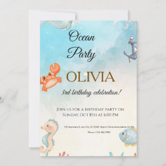 Wasserfarbe Unter dem Meer Ozean Tier Kinder Gebur Einladung