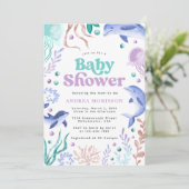 Wasserfarbe unter dem Meer Retro Babydusche Einladung (Stehend Vorderseite)