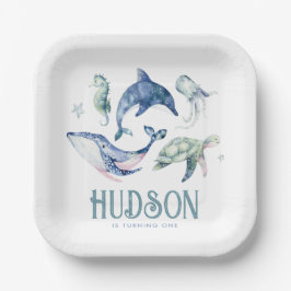 Wasserfarbe unter den Tellern des Meerespapiers Pappteller