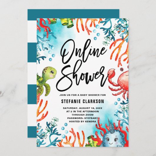 Wasserfarbe unter der Online-Kinderdusche des Meer Einladung (Vorne/Hinten)