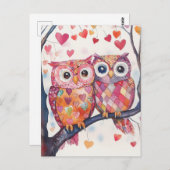 Wasserfarbe Valentine Owl Pair Postkarte (Vorne/Hinten)