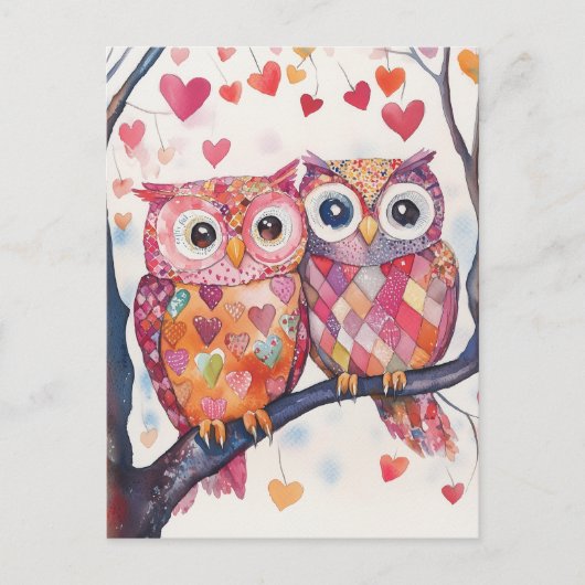 Wasserfarbe Valentine Owl Pair Postkarte (Vorderseite)