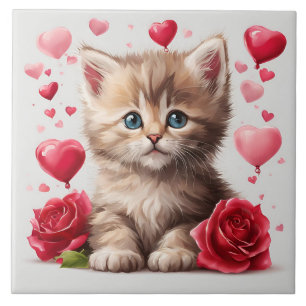 Wasserfarbe Valentinstag Kitten mit Rose Fliese