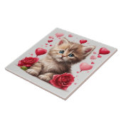 Wasserfarbe Valentinstag Kitten mit Rose Fliese (Seite)