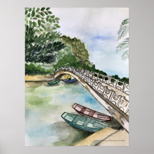 Wasserfarbe, Vietnam, Landschaft der Provinz Ninh  Poster