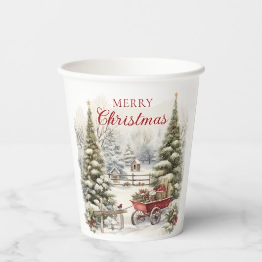 Wasserfarbe Vintag Schneeweihnachtsbäume Pappbecher (Rückseite)
