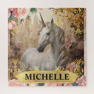 Wasserfarbe Vintag Weißes Einhorn und Rosen Puzzle