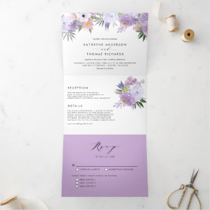 Wasserfarbe violette Blumen Botanische Hochzeit Dreifach Gefaltete Einladung