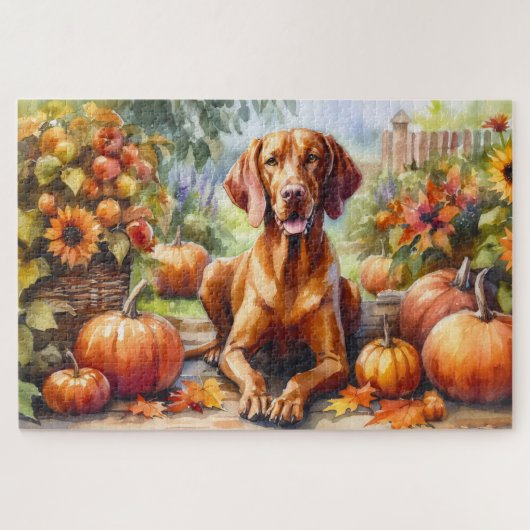 Wasserfarbe Vizsla im Herbst Puzzle (Horizontal)