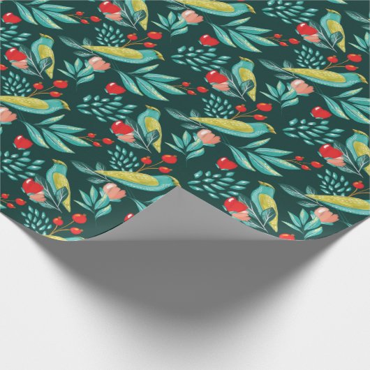 Wasserfarbe-Vögel, Moosbeere u. Grün-Weihnachten Geschenkpapier (Ecke)