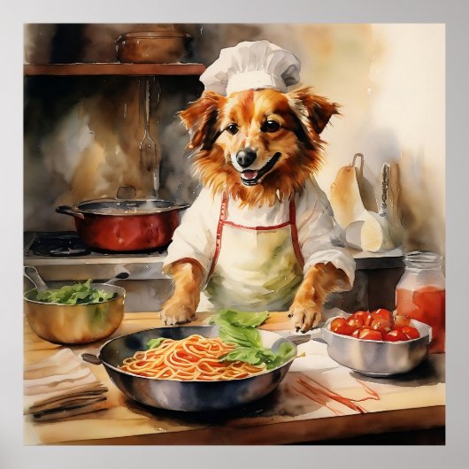 Wasserfarbe Volpino Italiano Dog Kochen Pasta Poster (Vorne)