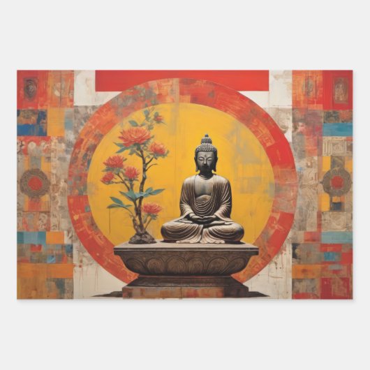 Wasserfarbe von 3 Buddha in Meditation Geschenkpapier Set (Vorderseite)