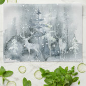Wasserfarbe, Wald, Hirsche, Schnee, Bäume Küche Geschirrtuch (Gefaltet)