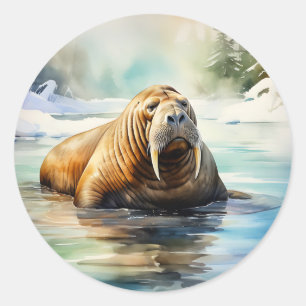 Wasserfarbe Walrus Arctic Runder Aufkleber