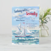 Wasserfarbe Wassersportboot Schiff siebzig Geburts Einladung (Stehend Vorderseite)