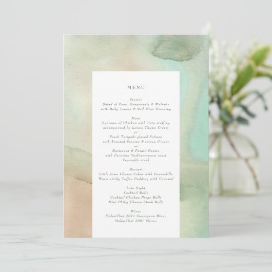 Wasserfarbe weich Pastellstrand Hochzeit Menükarte (Stehend Vorderseite)