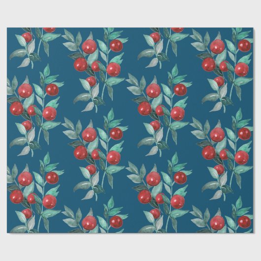 Wasserfarbe Weihnachten Rote Berries Dunkelblau Geschenkpapier (Flach)