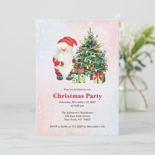 Wasserfarbe Weihnachtsbaum mit Geschenken Einladung (Stehend Vorderseite)