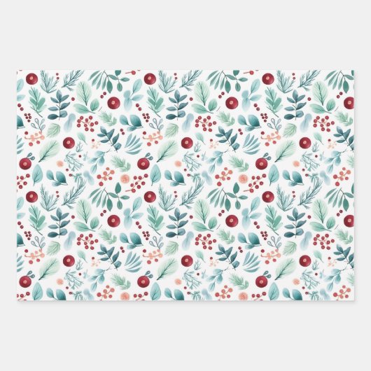 Wasserfarbe Weihnachtskiefer und Beeren Weihnachte Geschenkpapier Set (Vorderseite 3)