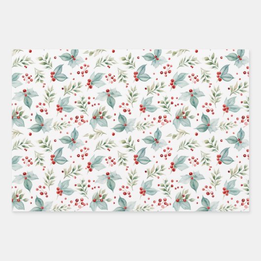 Wasserfarbe Weihnachtskiefer und Beeren Weihnachte Geschenkpapier Set (Vorderseite 2)