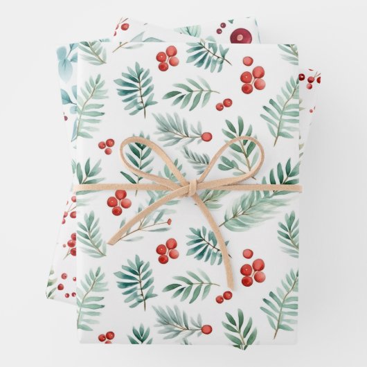 Wasserfarbe Weihnachtskiefer und Beeren Weihnachte Geschenkpapier Set (Beispiel)
