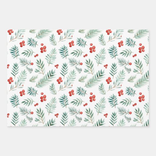 Wasserfarbe Weihnachtskiefer und Beeren Weihnachte Geschenkpapier Set (Vorderseite)