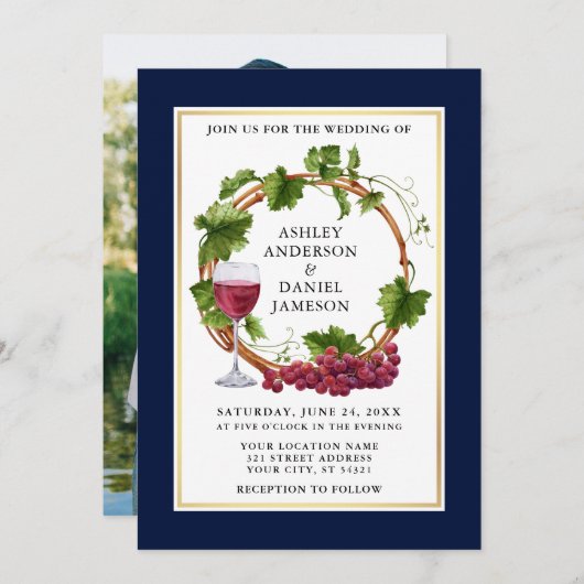 Wasserfarbe Weintrauben Foto Blaue Hochzeit Einladung (Vorne/Hinten)