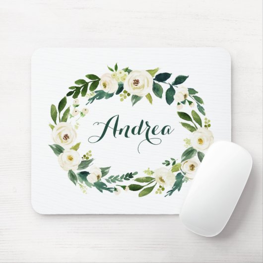 Wasserfarbe Weiße Blume und Blätter Wreath Script Mousepad (Mit Mouse)
