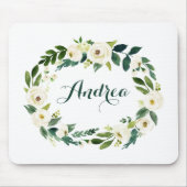 Wasserfarbe Weiße Blume und Blätter Wreath Script Mousepad (Vorne)