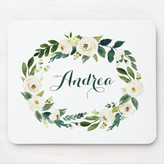 Wasserfarbe Weiße Blume und Blätter Wreath Script Mousepad (Vorne)
