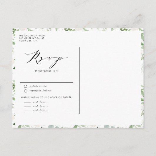 Wasserfarbe Weiße Blume und Grüne Hochzeit Einladungspostkarte (Rückseite)