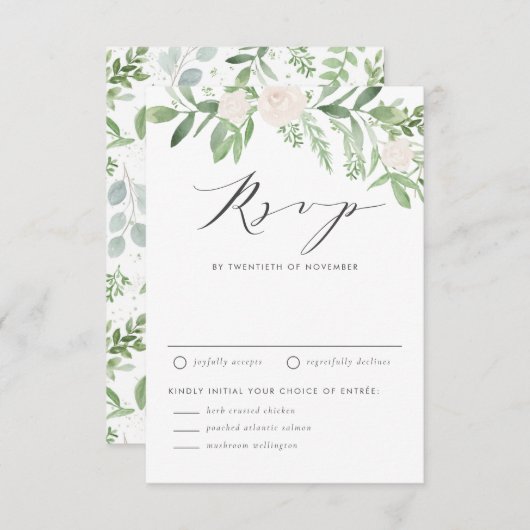 Wasserfarbe Weiße Blume und Grüne Hochzeit RSVP Karte (Vorne/Hinten)