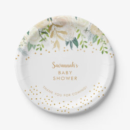 Wasserfarbe Weiße Flora + Goldkonfetti Pappteller