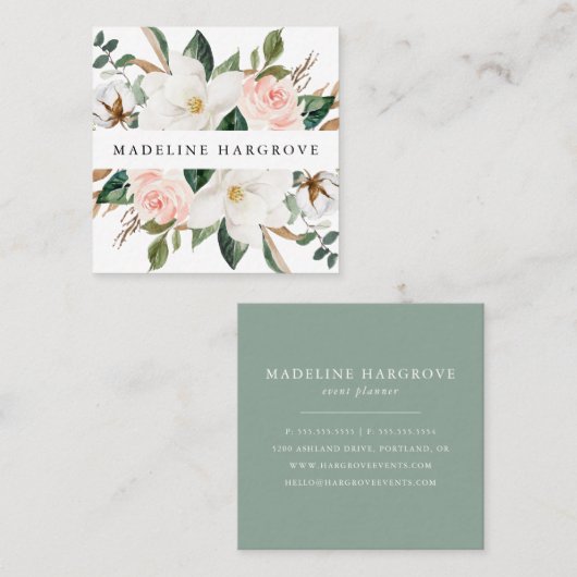 Wasserfarbe Weiße Magnolien und Blüten Quadratische Visitenkarte (Vorne/Hinten)