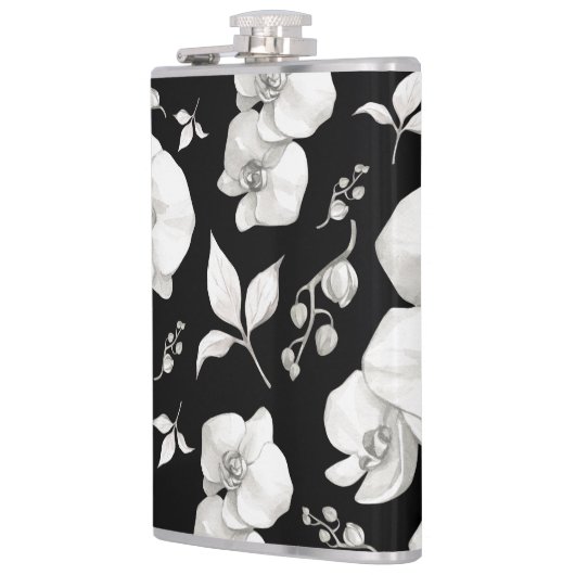 Wasserfarbe Weiße Orchidee, schwarz | Flachmann (Links)