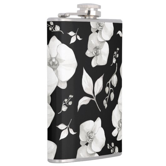 Wasserfarbe Weiße Orchidee, schwarz | Flachmann (Rechts)
